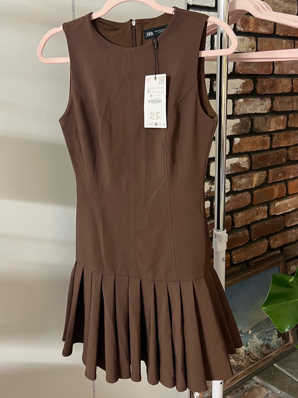 ZARA Chocolate Brown Sleeveless Pleated-Hem Dress